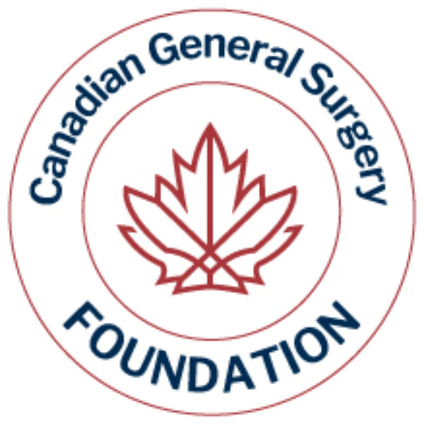 circular white logo for the Canadian General Surgery Foundation with red border and a stylized red maple leaf at the center