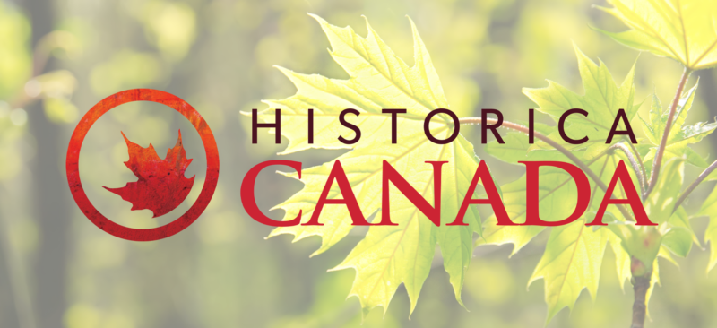 Historica Canada logo against a background image of maple trees in spring