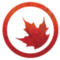 Une feuille d'érable rouge dans un cercle rouge sur fond blanc.