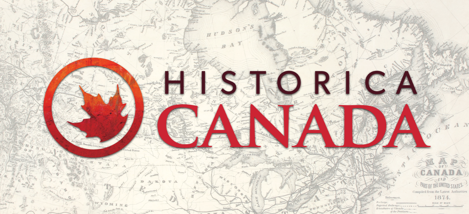 Historica Canada logo against a background showing a historical map of Canada